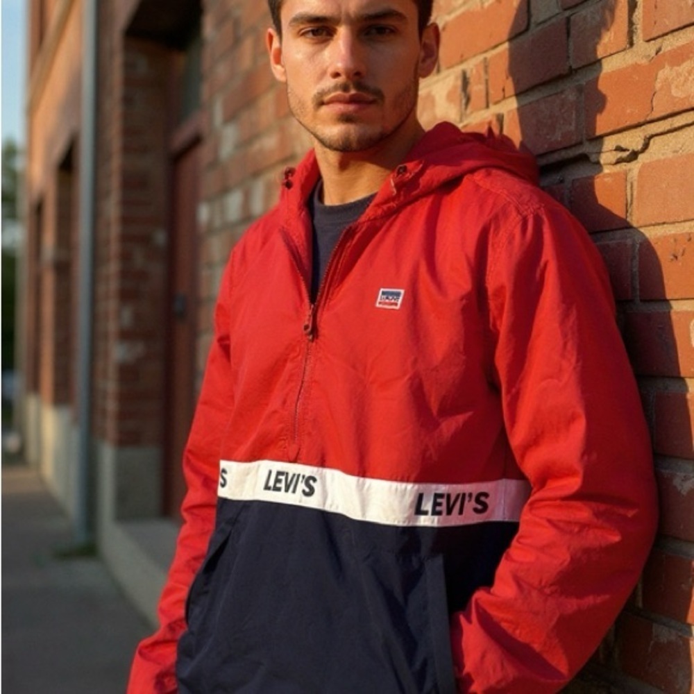 Levi's Men's Red and Blue Hooded Windbreaker